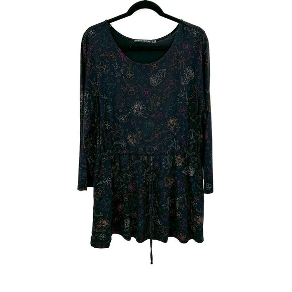 GUDRUN SJODEN Black Colorful Floral Lagenlook Wide Sleeve Waist Tie Dress Large - Picture 1 of 7